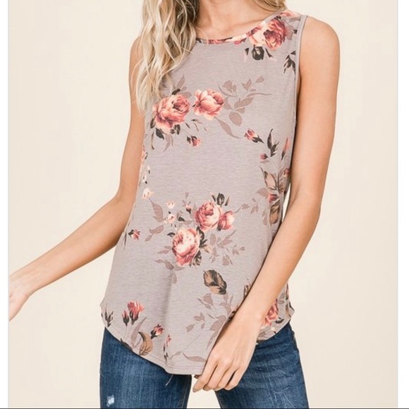 The Elise Top- taupe floral sleeveless top - Picture 3 of 7